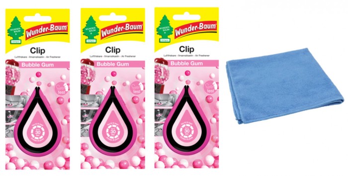 Odorizant auto Wunder- Baum Clip 3 Pack Bubble Gum si Laveta Microfibra 30x40cm