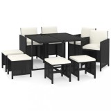 Set mobilier de gradina cu perne, 9 piese, negru, poliratan