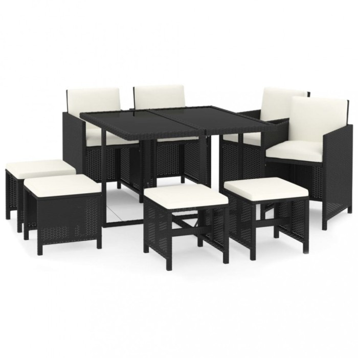 Set mobilier de gradina cu perne, 9 piese, negru, poliratan