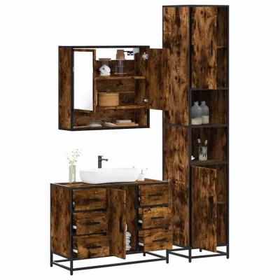 vidaXL Set mobilier de baie, 3 piese, stejar fumuriu, lemn prelucrat 3301112 foto