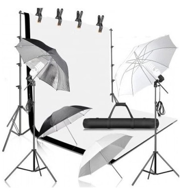 Kit studio foto,lumini,4 umbrele alb,negru,suport fundal reglabil 2x3m,2 becuri 150W, 2 panze fundal alb, negru foto