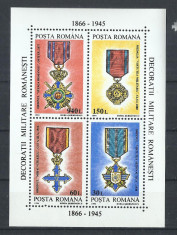 TSV$ - 1994 LP 1366 DECORATII MILITARE ROM. 1866-1945, BLOC DANTELAT MNH/** LUX foto