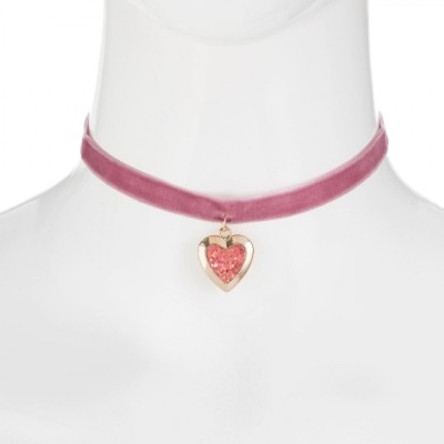 Colier Choker, Model Inimă, Catifea, Roz foto