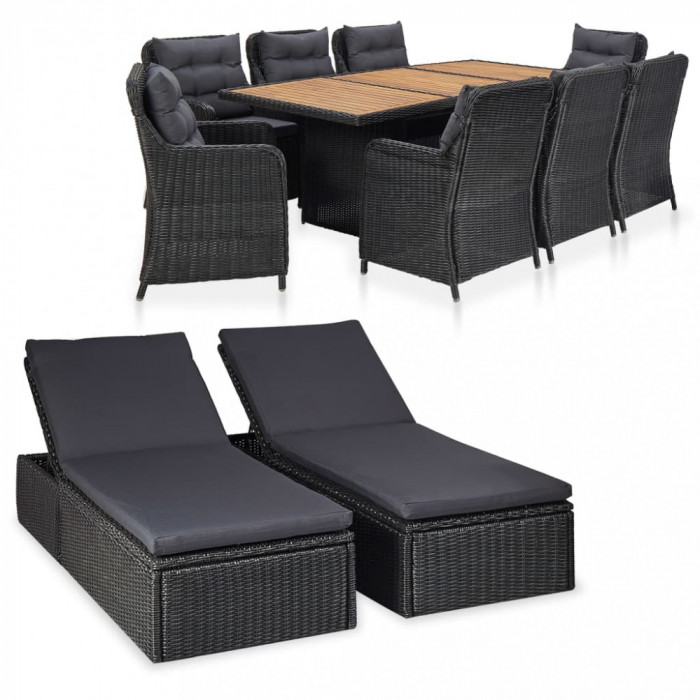 vidaXL Set mobilier de exterior, 11 piese, negru, poliratan