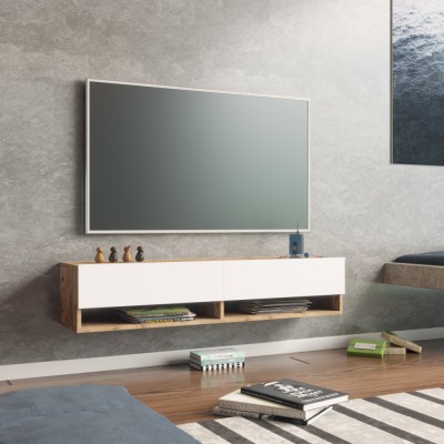 Fernsehtisch Laitila mit 2 Ablagef&amp;auml;chern 140 x 31,5 x 29,5 cm Eiche rustikal/Wei&amp;szlig; [en.casa] HausGarden Leisure foto