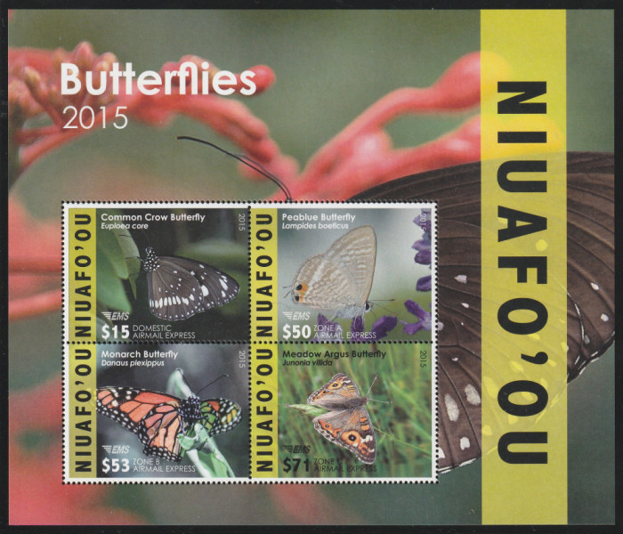 Niuafo&#039;ou 2015-Fauna,Fluturi,bloc 4 valori dantelate,MNH,Mi.Bl.62