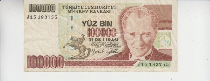 B11 5 - Bancnota foarte veche - Turcia - 100 000 lire