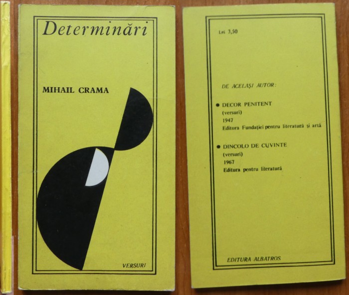 Mihail Crama, Determinari, 1970, ed. 1, autograf catre Doru Cosma si carte post.