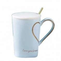 Cana cu capac din ceramica si lingurita Pufo Love you Sweetheart pentru cafea sau ceai, 350 ml, albastru