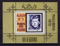 ✅(C45) Ras Al Khaima 1970 &quot; Expozitia Filatelica Philympia - J.F.Kennedy &quot;,colita W95A ,MNH