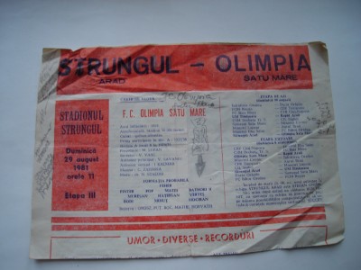 Program Strungul Arad - Olimpia Satu Mare, 29 august 1981 foto