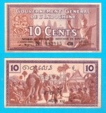 Indochina Franceza (p#85) 10 Cents 1939 aUNC &#039;Apsara&#039; serie: CB 982915