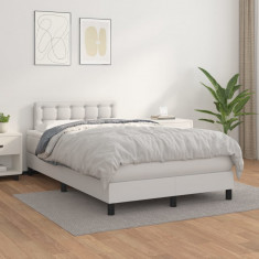 vidaXL Pat box spring cu saltea, alb, 120x200 cm, piele ecologică