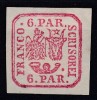 ROMANIA 1862 LP 9 PRINCIPATELE UNITE EMISIUNEA I TIPAR DE MANA 6 PARALE ROSU LIPSA GUMA SARNIERA, Nestampilat