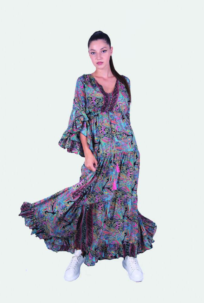 Rochie lunga din matase stil Boho cu imprimeu multicolor | Okazii.ro