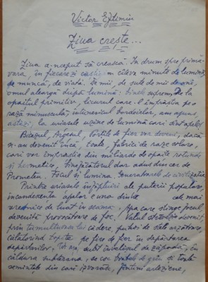 Manuscris Victor Eftimiu scris olograf ; Ziua creste ! foto