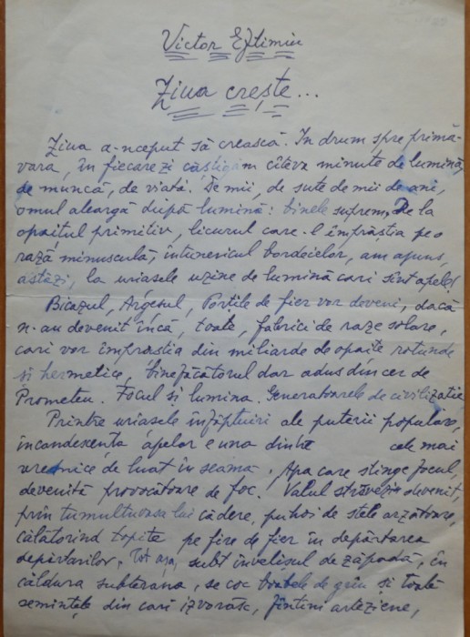 Manuscris Victor Eftimiu scris olograf: Ziua creste ! 6 pagini