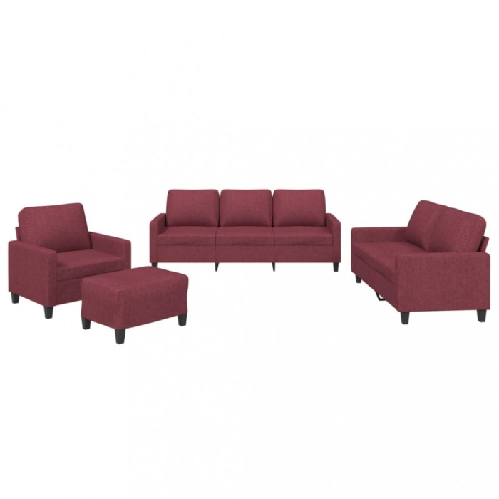 Set canapea cu perne, 4 piese, rosu vin, material textil