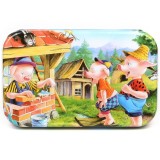 Puzzle 60 de piese din lemn in cutie metalica, flippy, model cei trei purcelusi, educativ, dezvoltare abilitati cognitive, pentru prescolari, 22.5x13.