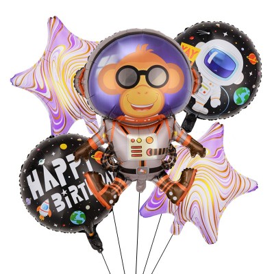 Baloane model maimutica spatiala, flippy, set din 5 baloane, 1 maimutica astronaut, 2 stele, 2 rotunde, din folie de aluminiu, adeziv si pai incluse, foto