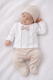 Costumas bebelusi 3 piese alb-bej, bumbac premium, stil elegant cu papion
