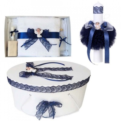 Set trusou botez, cutie trusou si lumanare, Ingeras, dantela bleumarin, foto