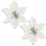 Set 10 ornamente Poinsettia pentru brad, 13 cm, gri argintiu cu sclipici