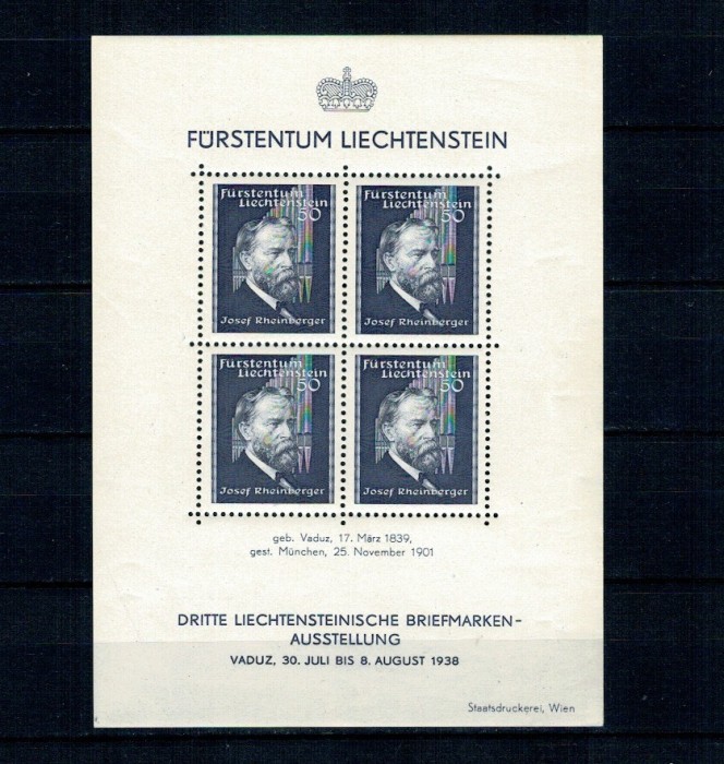 Liechtenstein 1938 - Expo Vaduz, compozitorul Josef Rheinberger, colita neuzata