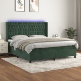 Pat cu arcuri, saltea și LED, verde &icirc;nchis, 160x200 cm, catifea