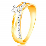 Inel din aur 14K - linie diagonală din zirconii transparente, zirconiu rotund &icirc;n montură - Marime inel: 49