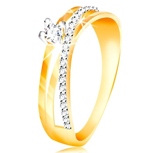 Inel din aur 14K - linie diagonală din zirconii transparente, zirconiu rotund &icirc;n montură - Marime inel: 52