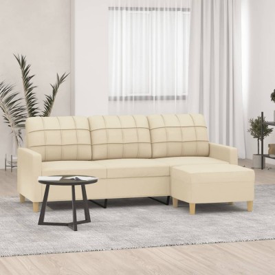 vidaXL Canapea cu 3 locuri cu taburet, crem, 180 cm, material textil foto