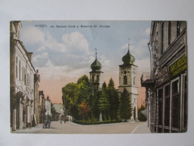 Rara! Pitesti:Strada Serban Voda si biserica Sf.Nicolae carte poștala cir.1931 foto