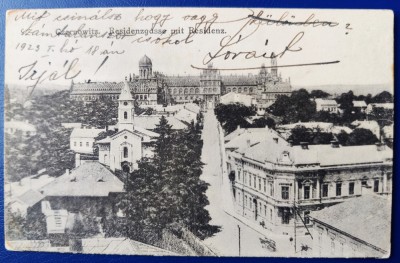 Bucovina 1923 Cernauti Czernowitz - Residenzgasse mit Residenz - printata, circulata la Graz, 1 timbru intact, editor A.Tennenbaum foto
