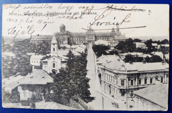 Bucovina 1923 Cernauti Czernowitz - Residenzgasse mit Residenz - printata, circulata la Graz, 1 timbru intact, editor A.Tennenbaum