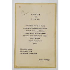 RESTAURANT CAPSA - PETRESTI , MENIUL ZILEI DE 15 IUNIE 1929