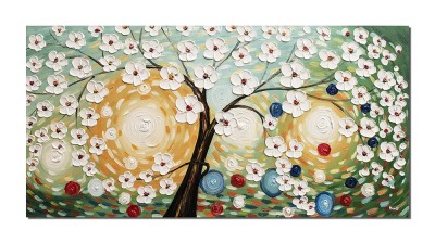 Tablou Copacul vietii cu flori albe, pictat manual 120x60cm ulei pe panza in relief efect 3D, Marius Maxim foto