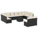 Set mobilier de gradina cu perne, 13 piese, negru, poliratan