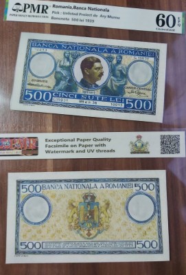 REPRODUCERE pe hartie cu filigran si fire UV proiect bancnota 500 lei 1939 foto