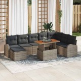 VidaXL Set de dining pentru grădină , 9 piese, gri, din ratan, cu perne și poliță din acacia.
