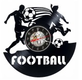 Ceas de perete decorativ realizat din disc de vinil, Model Jucatori de Fotbal si Mingi, Text Football, Negru, 30 cm