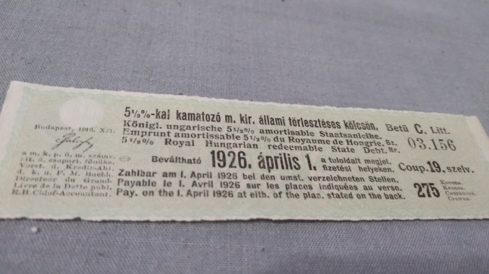 CUPOANE DE TREZORERIE CU REDUCERE 1926 UNGARIA