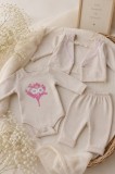 Cumpara ieftin Compleu crem cu broderie, body, pantalonasi si bolero, Babyim, bumbac (Marime