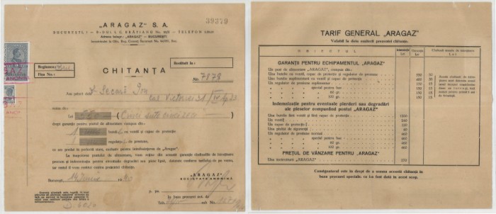 Romania, Aragaz S. A., Chitanta, Bucuresti, 1940