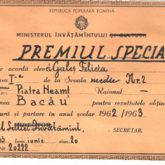 Diploma Premiu-special Scoala Medie nr.2 Piatra-neamt 1962-1963