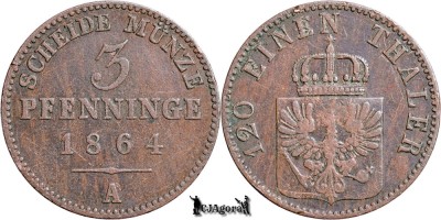 1864 A, 3 Pfenninge - Vilhelm I - Regatul Prusiei | KM 482 foto