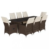 Cumpara ieftin Set bistro de gradina cu perne, 9 piese, maro, poliratan