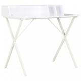 Birou alb vidaXL, 80x50x84 cm, lemn prelucrat si otel, design modern, birou calculator, masa scris