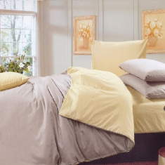 Lenjerie de pat pentru o persoana cu husa elastic pat si fata perna dreptunghiulara, Magnolia, bumbac ranforce, gramaj tesatura 120 g/mp, gri/crem