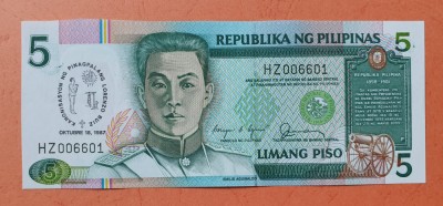 5 Piso 1987 - Bancnota Filipine - piesa SUPERBA - UNC foto